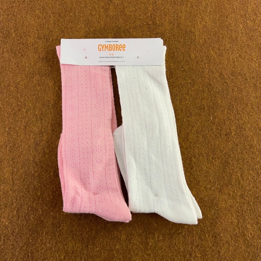 Gymboree Girls 6-8 Pink White Pointelle Knit Knee High Socks 2 Pair New *Flaw